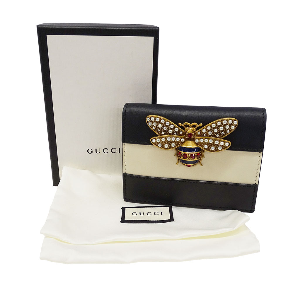GUCCI グッチ 二つ折り財布 クイーンマーガレット ブラック ホワイト 476072 レザー レディース 【中古】