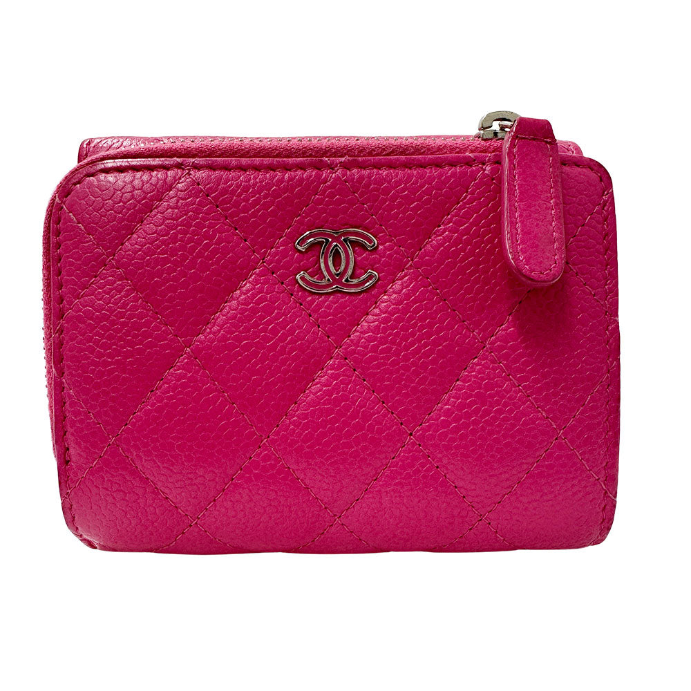 CHANEL シャネル 三つ折り財布 マトラッセ ピンク シルバー金具 キャビアスキン レディース 【中古】