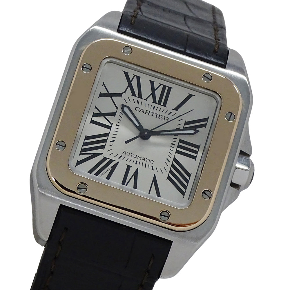 Cartier カルティエ サントス100 MM W20107X7 ボーイズ 腕時計 自動巻き AT ステンレス SS ピンクゴールド PGレザー 磨き済み 【中古】