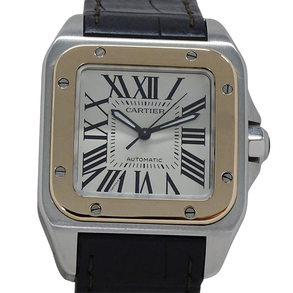 Cartier カルティエ サントス100 MM W20107X7 ボーイズ 腕時計 自動巻き AT ステンレス SS ピンクゴールド PGレザー 磨き済み 【中古】