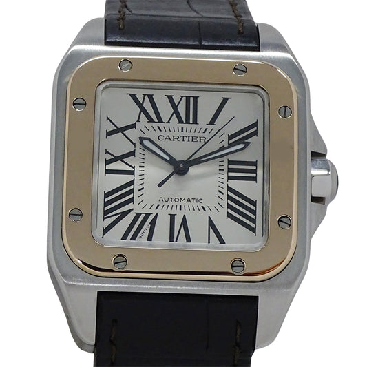 Cartier カルティエ サントス100 MM W20107X7 ボーイズ 腕時計 自動巻き AT ステンレス SS ピンクゴールド PGレザー 磨き済み 【中古】