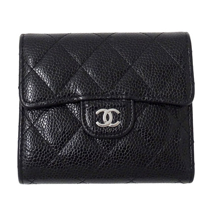 CHANEL シャネル 二つ折り財布 マトラッセ クラシック ブラック シルバー金具 キャビアスキン レディース 【中古】