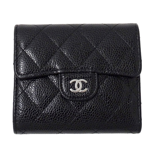 CHANEL シャネル 二つ折り財布 マトラッセ クラシック ブラック シルバー金具 キャビアスキン レディース 【中古】