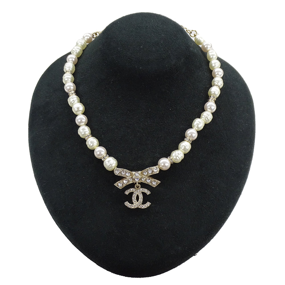 CHANEL シャネル リボン ココマーク チョーカー メタル ゴールド ホワイト レディース ABA871 【中古】