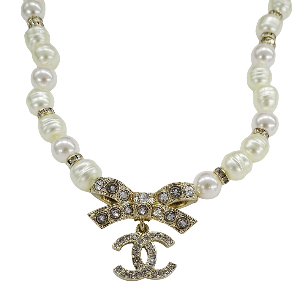 CHANEL シャネル リボン ココマーク チョーカー メタル ゴールド ホワイト レディース ABA871 【中古】