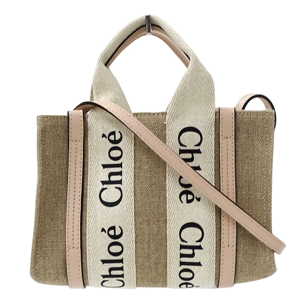 Chloe クロエ ウッディ ミニ 2wayバッグ ベージュ ピンク キャンバス レディース 【中古】