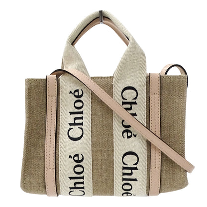 Chloe クロエ ウッディ ミニ 2wayバッグ ベージュ ピンク キャンバス レディース 【中古】