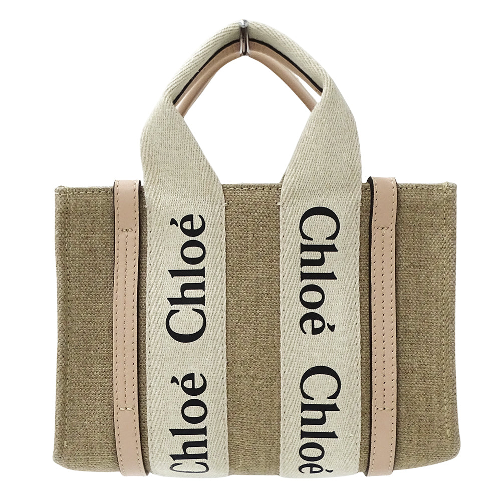 Chloe クロエ ウッディ ミニ 2wayバッグ ベージュ ピンク キャンバス レディース 【中古】