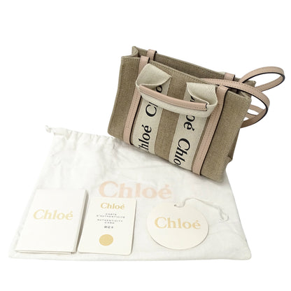 Chloe クロエ ウッディ ミニ 2wayバッグ ベージュ ピンク キャンバス レディース 【中古】