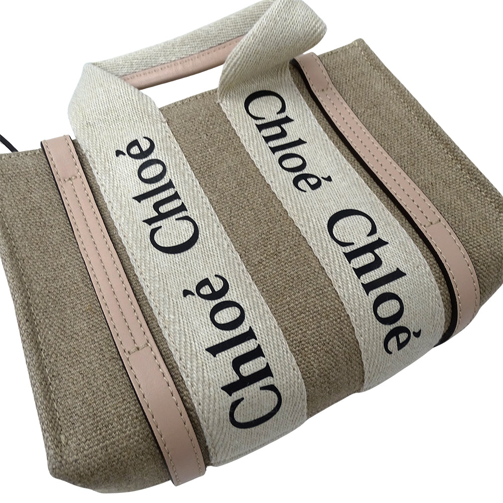 Chloe クロエ ウッディ ミニ 2wayバッグ ベージュ ピンク キャンバス レディース 【中古】