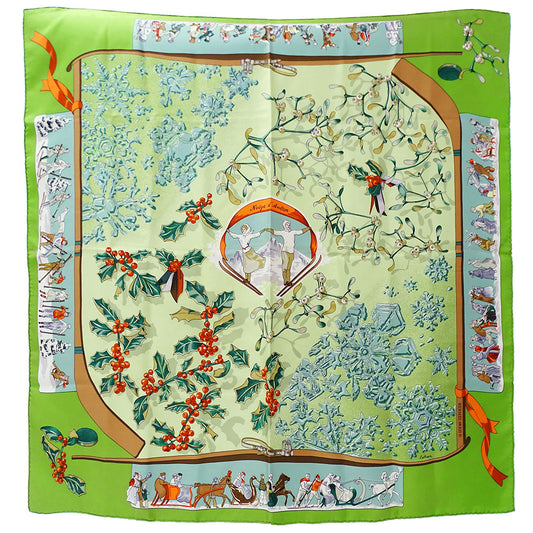 HERMES エルメス カレ90 Neige d'Antan 去年の雪 スカーフ グリーン シルク レディース 【中古】
