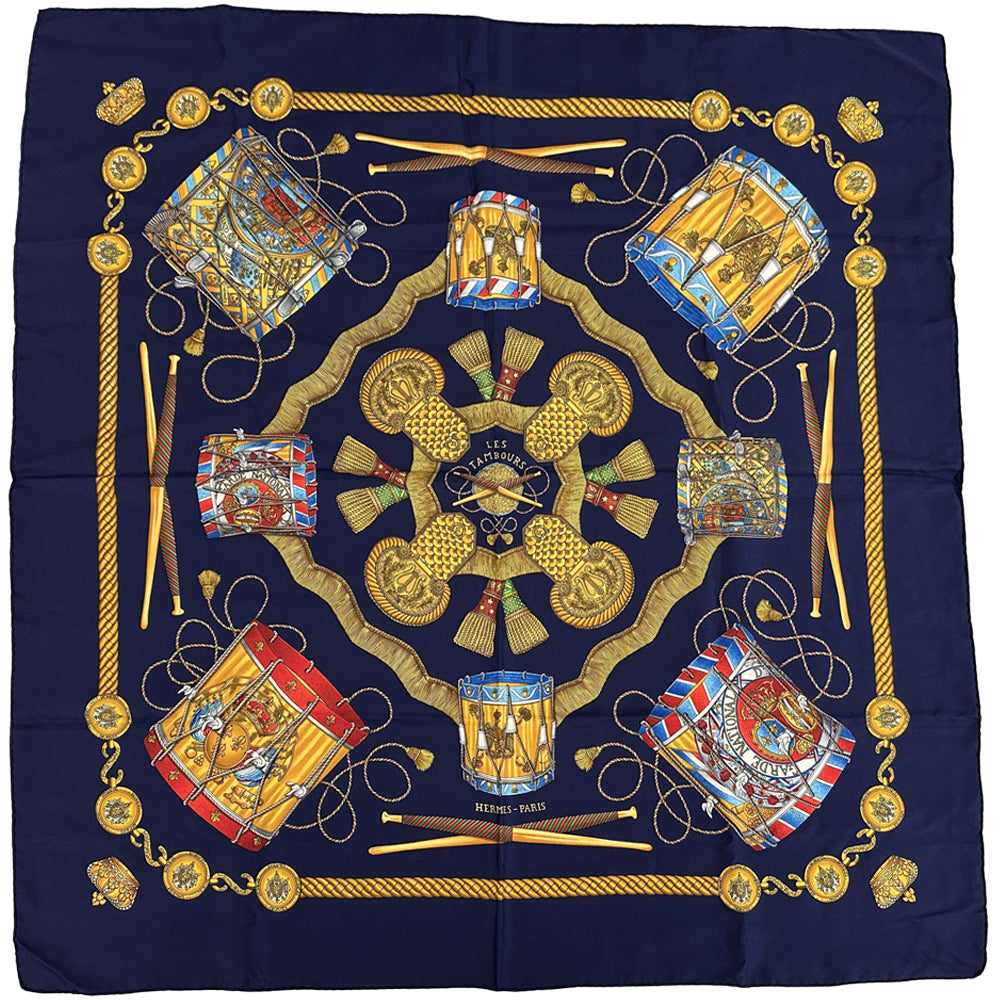 HERMES エルメス カレ90 LES TAMBOURS タンブールの太鼓 スカーフ ネイビー マルチカラー シルク レディース 【中古】