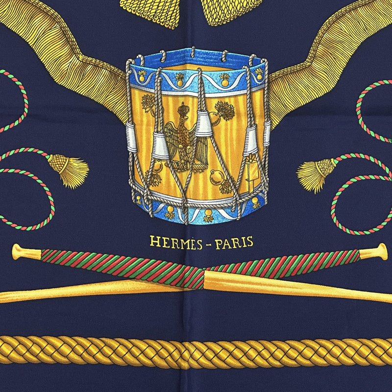 HERMES エルメス カレ90 LES TAMBOURS タンブールの太鼓 スカーフ ネイビー マルチカラー シルク レディース 【中古】