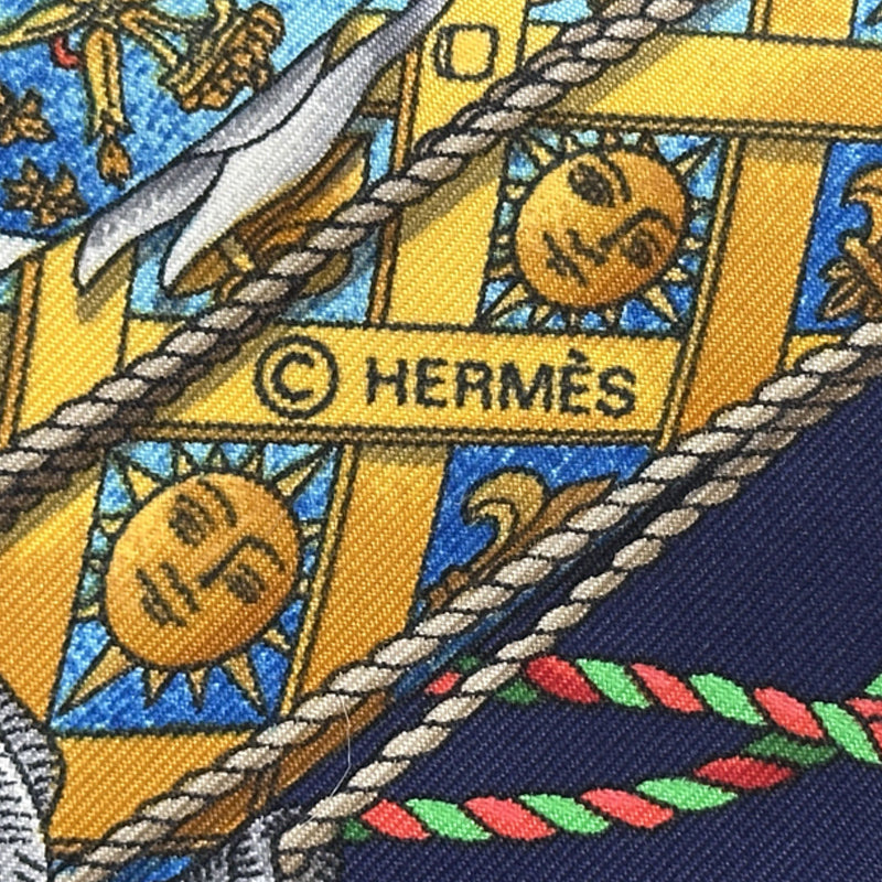 HERMES エルメス カレ90 LES TAMBOURS タンブールの太鼓 スカーフ ネイビー マルチカラー シルク レディース 【中古】