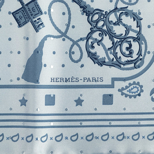 HERMES エルメス カレ55 Les Cles 鍵 スカーフ ブルー シルク レディース 【中古】