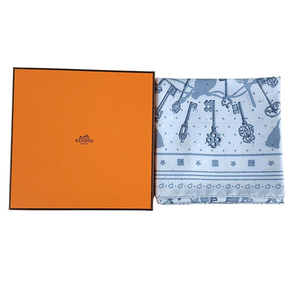 HERMES エルメス カレ55 Les Cles 鍵 スカーフ ブルー シルク レディース 【中古】