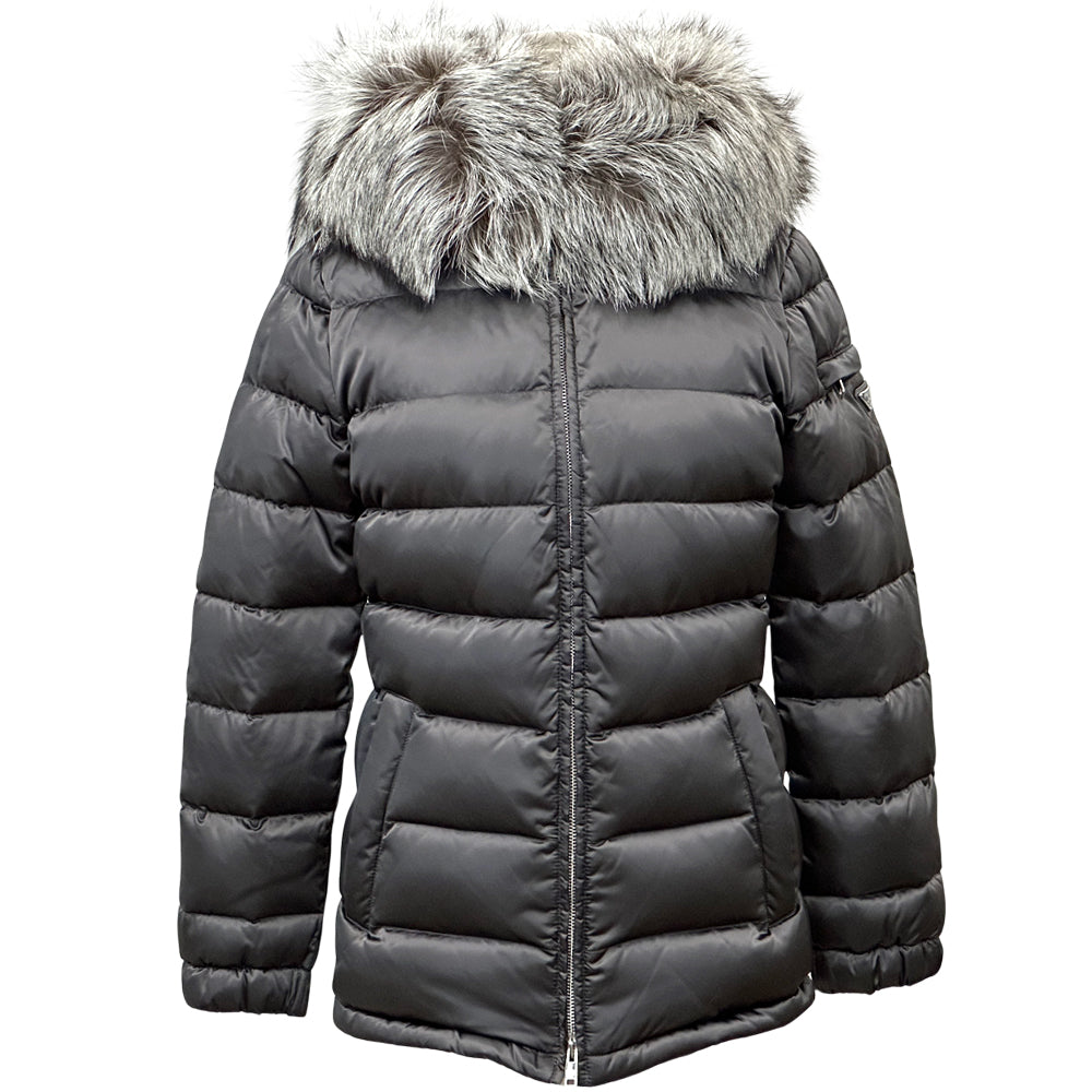 PRADA プラダ ダウンジャケット トライアングルロゴ グレー ナイロン L 40 レディース 【中古】