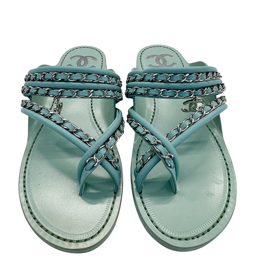 CHANEL シャネル トング サンダル ミントグリーン レザー レディース 【中古】