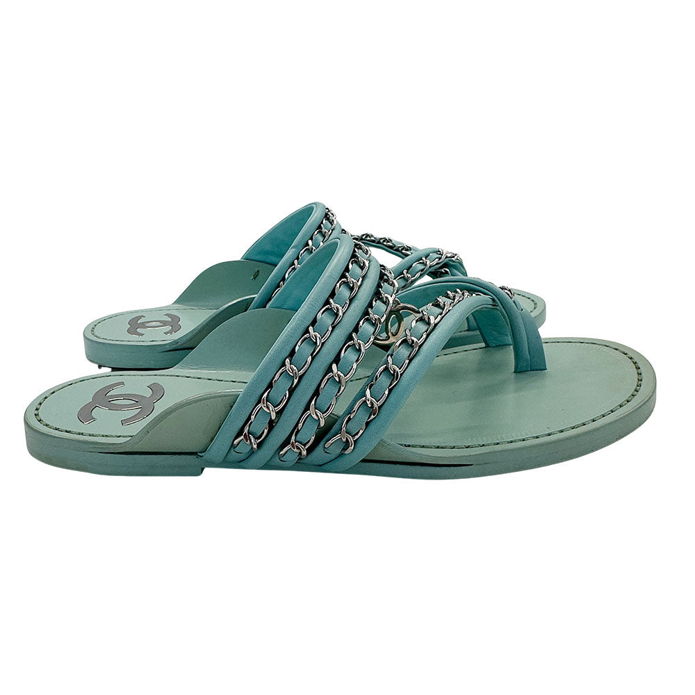 CHANEL シャネル トング サンダル ミントグリーン レザー レディース 【中古】