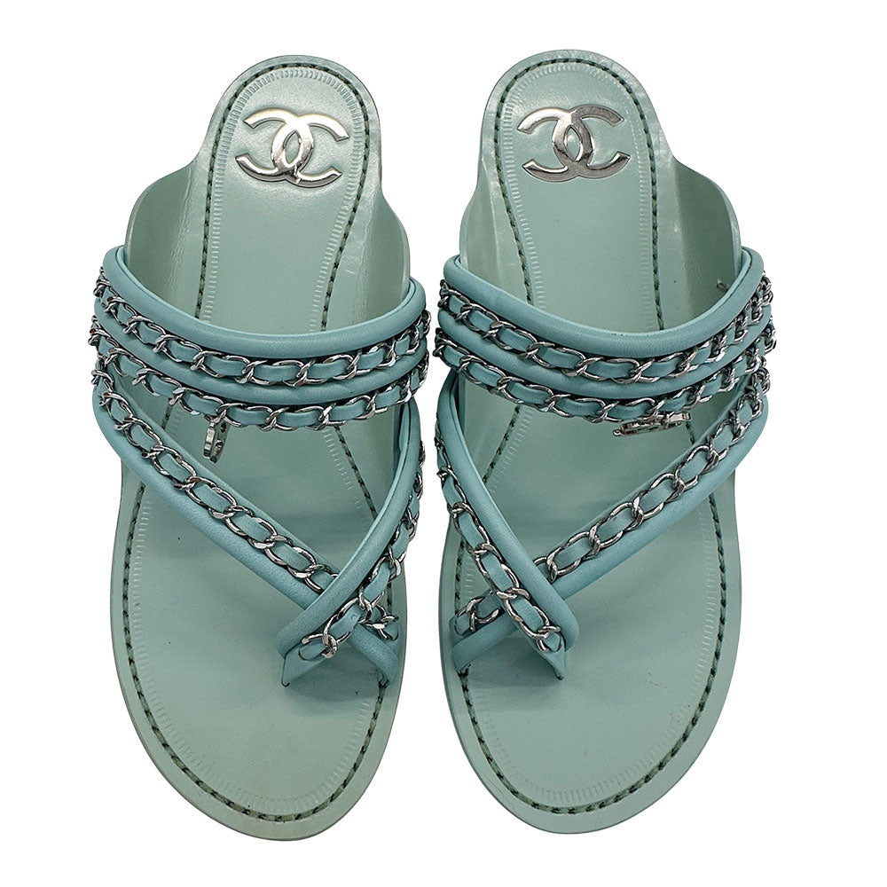 CHANEL シャネル トング サンダル ミントグリーン レザー レディース 【中古】
