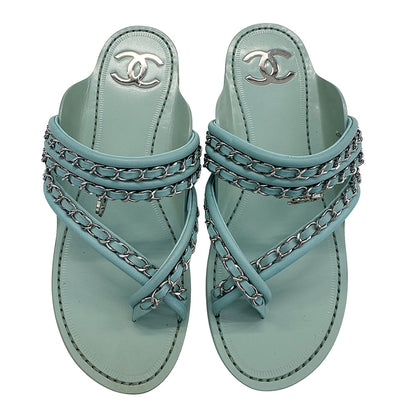 CHANEL シャネル トング サンダル ミントグリーン レザー レディース 【中古】