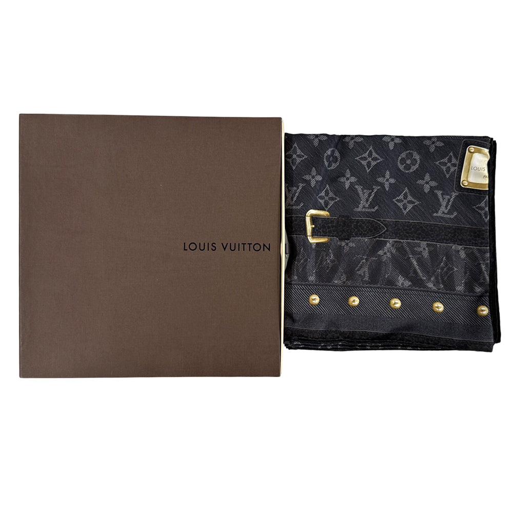 LOUIS VUITTON ルイ・ヴィトン カレ・ニューデニム スカーフ モノグラム ノワール ブラック シルク レディース 【中古】
