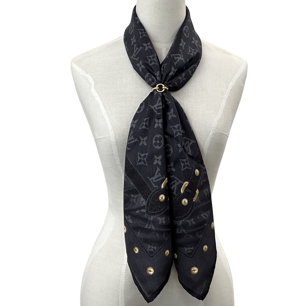 LOUIS VUITTON ルイ・ヴィトン カレ・ニューデニム スカーフ モノグラム ノワール ブラック シルク レディース 【中古】
