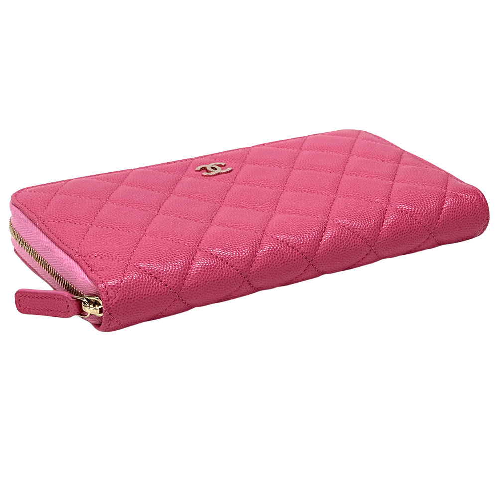CHANEL シャネル 長財布 マトラッセ ピンク ゴールド金具 キャビアスキン レディース 【中古】