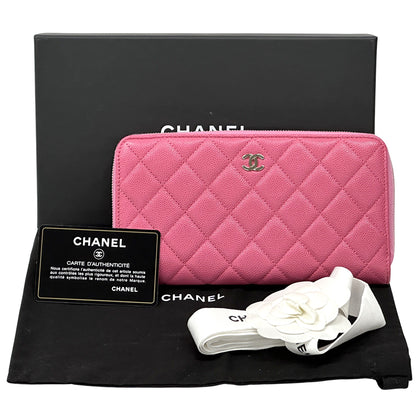 CHANEL シャネル 長財布 マトラッセ ピンク ゴールド金具 キャビアスキン レディース 【中古】