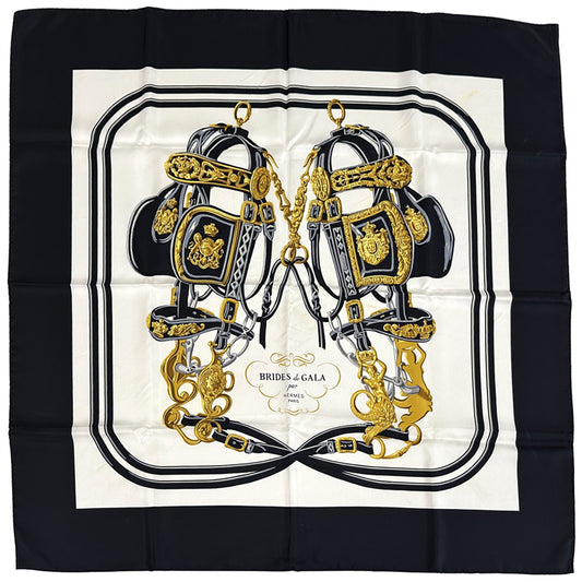 HERMES エルメス カレ90 BRIDES de GALA 式典用馬勒 スカーフ ブラック シルク レディース 【中古】