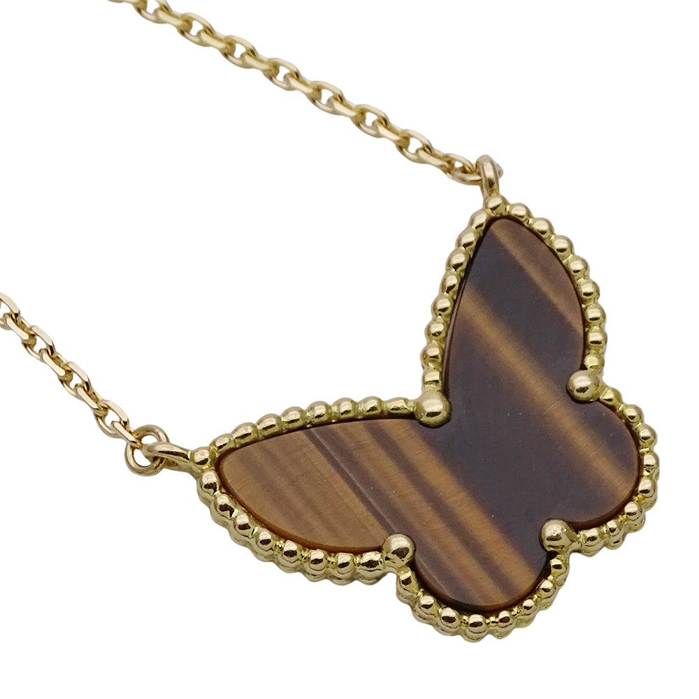 Van Cleef & Arpels ヴァンクリーフ＆アーペル ラッキーアルハンブラ パピヨン ネックレス タイガーズアイ 750YG イエローゴールド レディース 磨き済み 【中古】