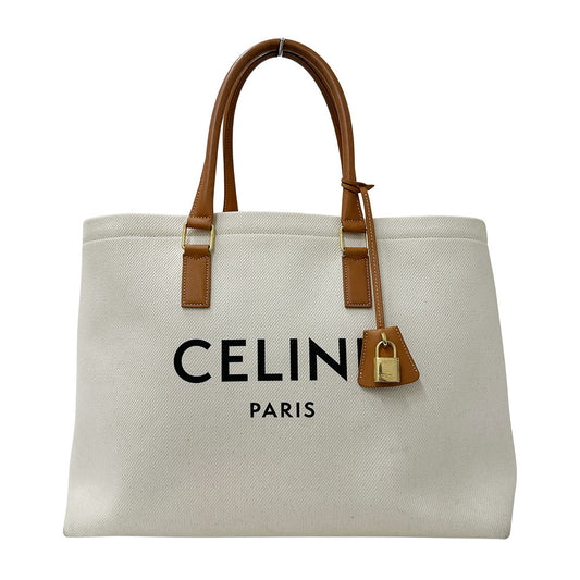 CELINE セリーヌ ホリゾンタル カバ トートバッグ ホワイト ブラウン キャンバス レディース 【中古】