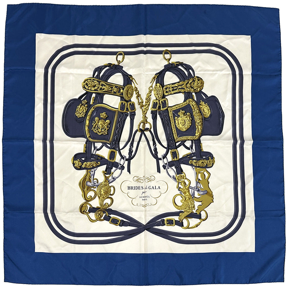 HERMES エルメス カレ90 BRIDES de GALA 式典用馬勒 スカーフ ブルー シルク レディース 【中古】