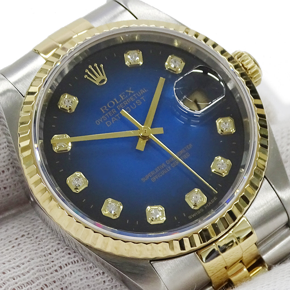 ROLEX ロレックス デイトジャスト 16233G W番 メンズ 腕時計 自動巻き AT ステンレス SS ゴールド YG コンビ 10Pダイヤモンド ブルーグラデーション 磨き済み 【中古】