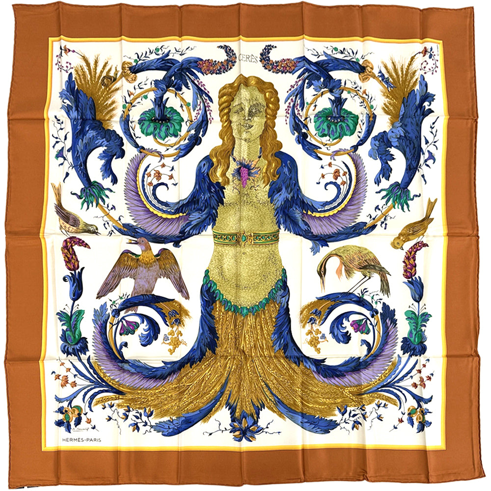HERMES エルメス カレ90 CERES 女神セレス スカーフ オレンジ マルチカラー シルク レディース 【中古】