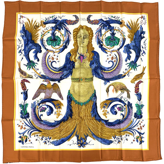 HERMES エルメス カレ90 CERES 女神セレス スカーフ オレンジ マルチカラー シルク レディース 【中古】
