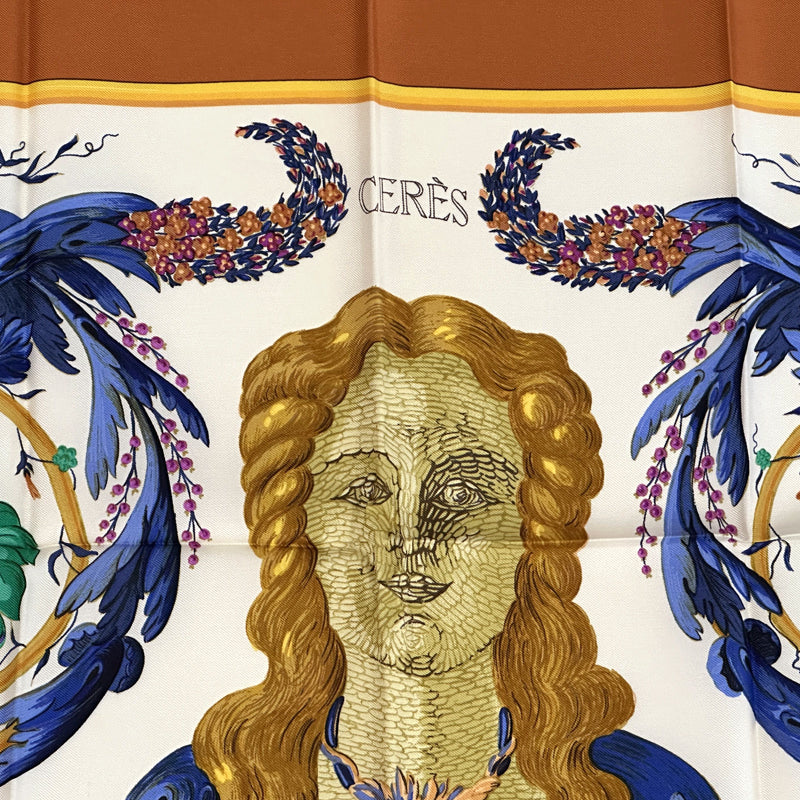 HERMES エルメス カレ90 CERES 女神セレス スカーフ オレンジ マルチカラー シルク レディース 【中古】