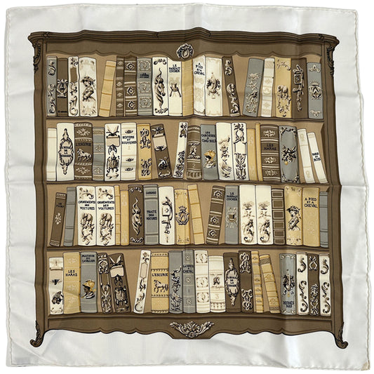 HERMES エルメス プチカレ Bibliotheque 図書館 スカーフ ブラウン ホワイト シルク レディース 【中古】