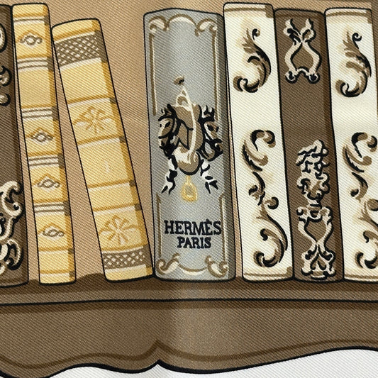 HERMES エルメス プチカレ Bibliotheque 図書館 スカーフ ブラウン ホワイト シルク レディース 【中古】