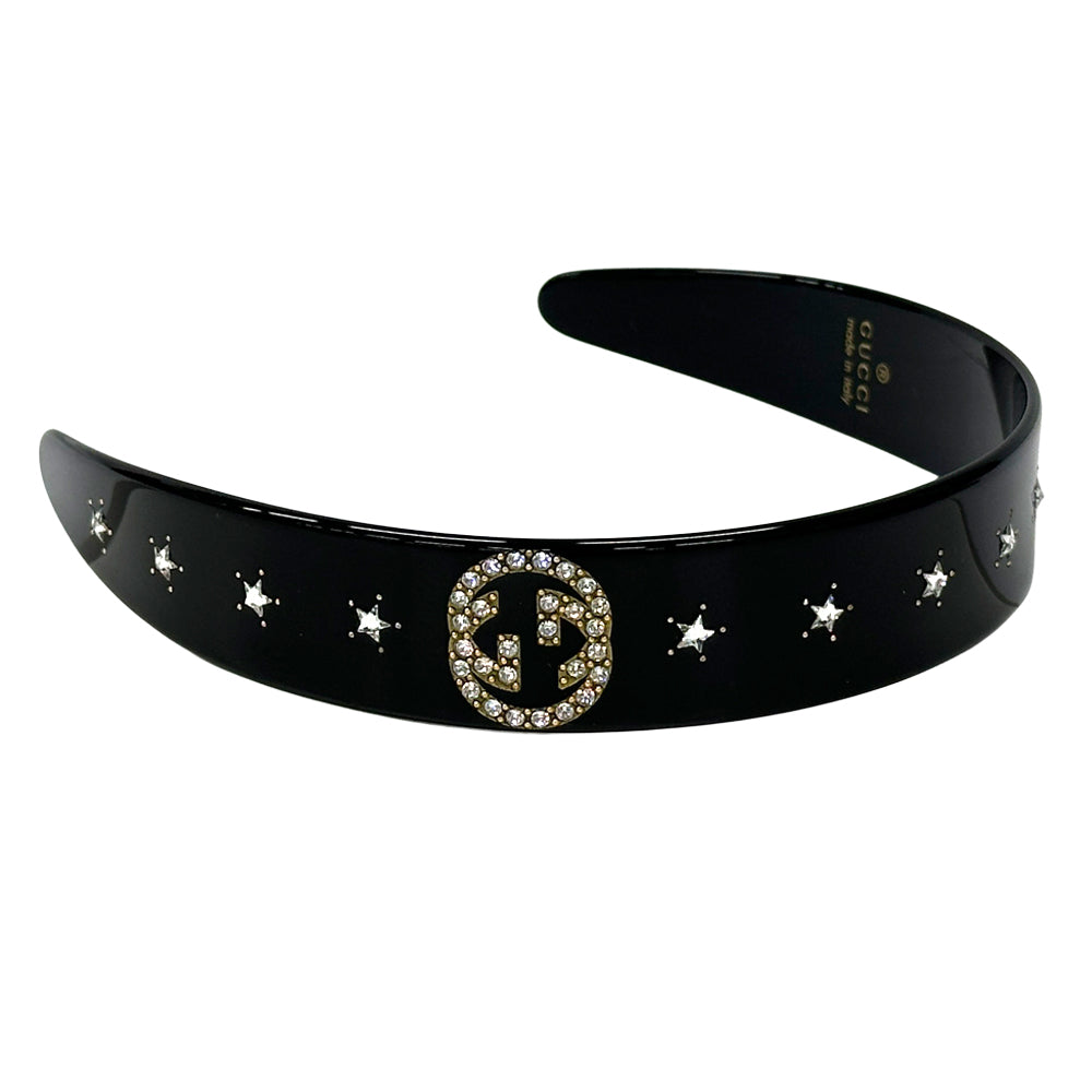 GUCCI グッチ カチューシャ クリスタル インターロッキングG プラスチック ブラック レディース 【中古】