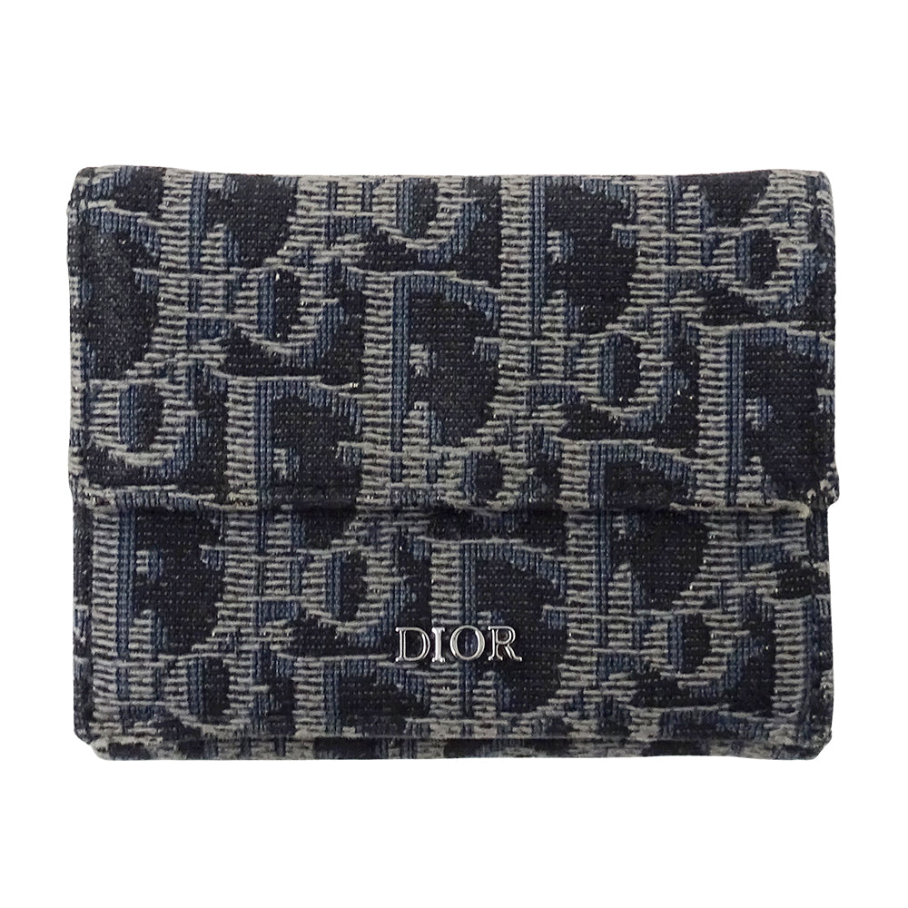 Dior ディオール 三つ折り財布 オブリーク ネイビー ジャガード レディース 【中古】