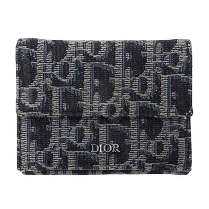 Dior ディオール 三つ折り財布 オブリーク ネイビー ジャガード レディース 【中古】