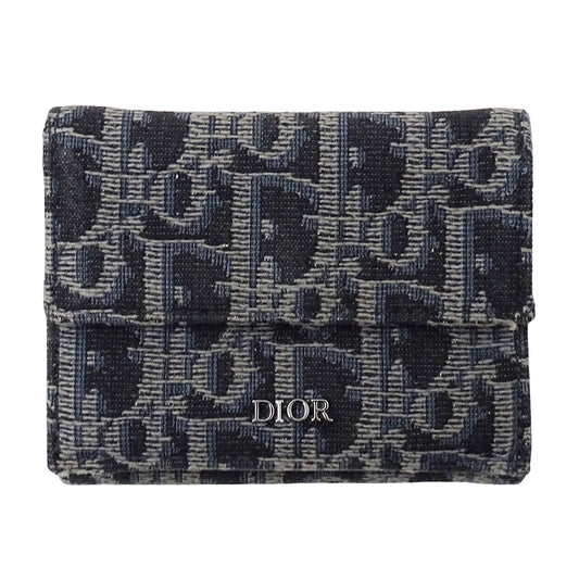 Dior ディオール 三つ折り財布 オブリーク ネイビー ジャガード レディース 【中古】