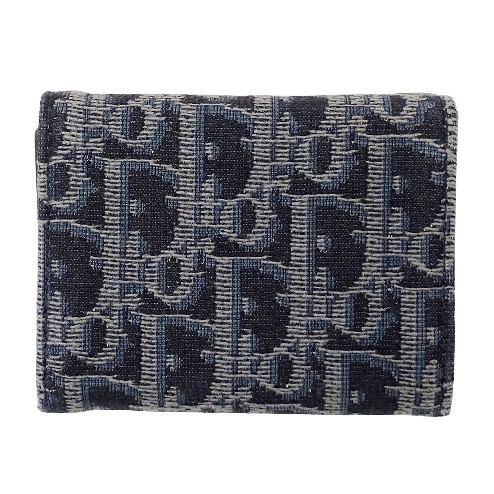 Dior ディオール 三つ折り財布 オブリーク ネイビー ジャガード レディース 【中古】