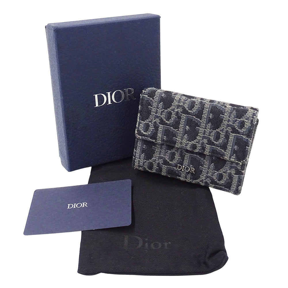 Dior ディオール 三つ折り財布 オブリーク ネイビー ジャガード レディース 【中古】