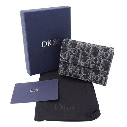 Dior ディオール 三つ折り財布 オブリーク ネイビー ジャガード レディース 【中古】