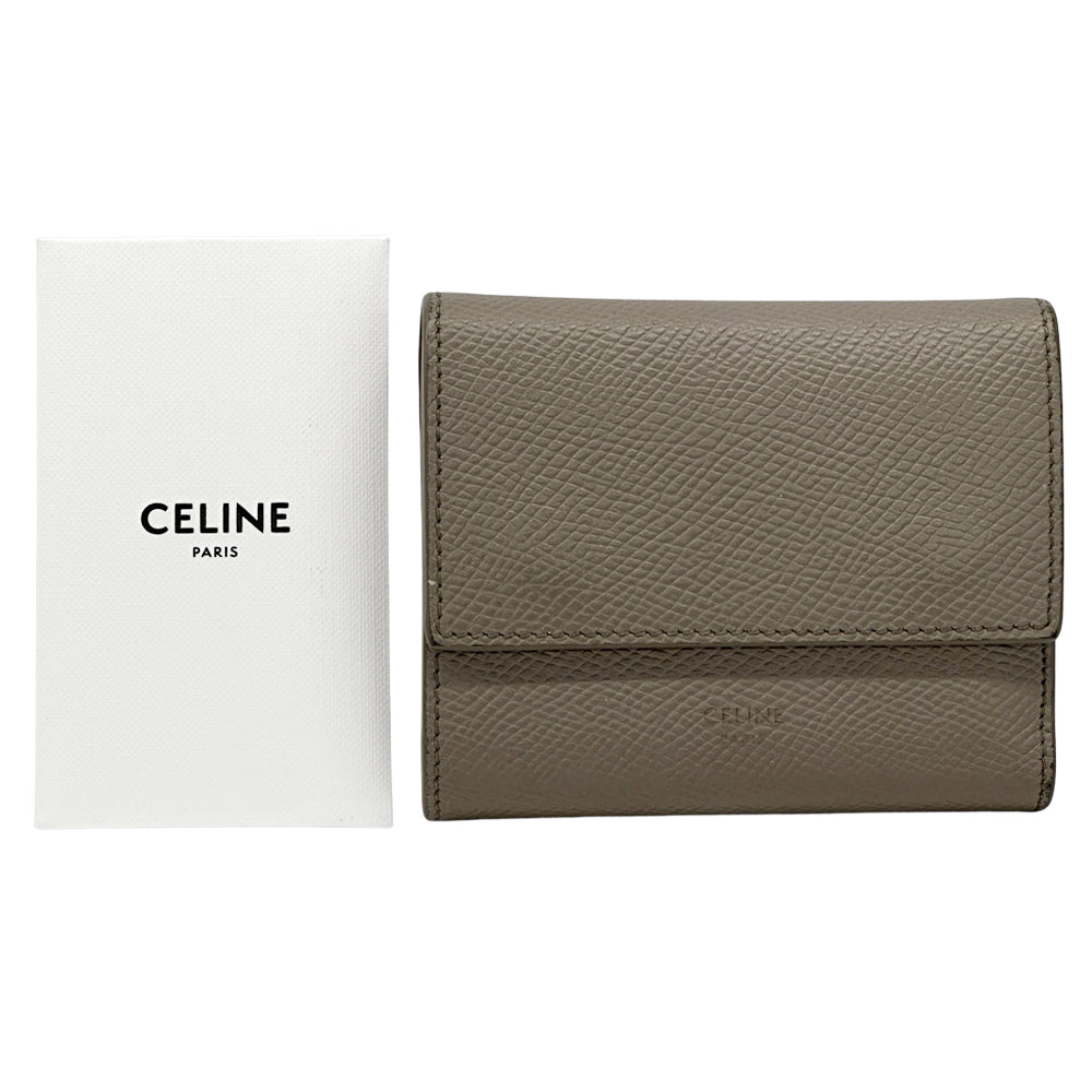CELINE セリーヌ スモールトリフォールドウォレット 三つ折り財布 グレー レザー レディース 【中古】