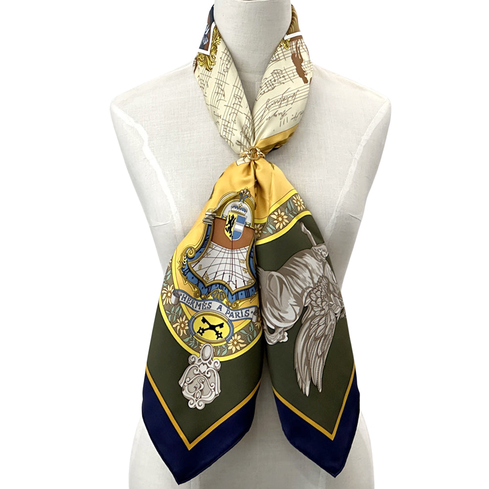 HERMES エルメス カレ90 IN SALZBURG ザルツブルグにて スカーフ カーキグリーン イエロー シルク レディース 【中古】