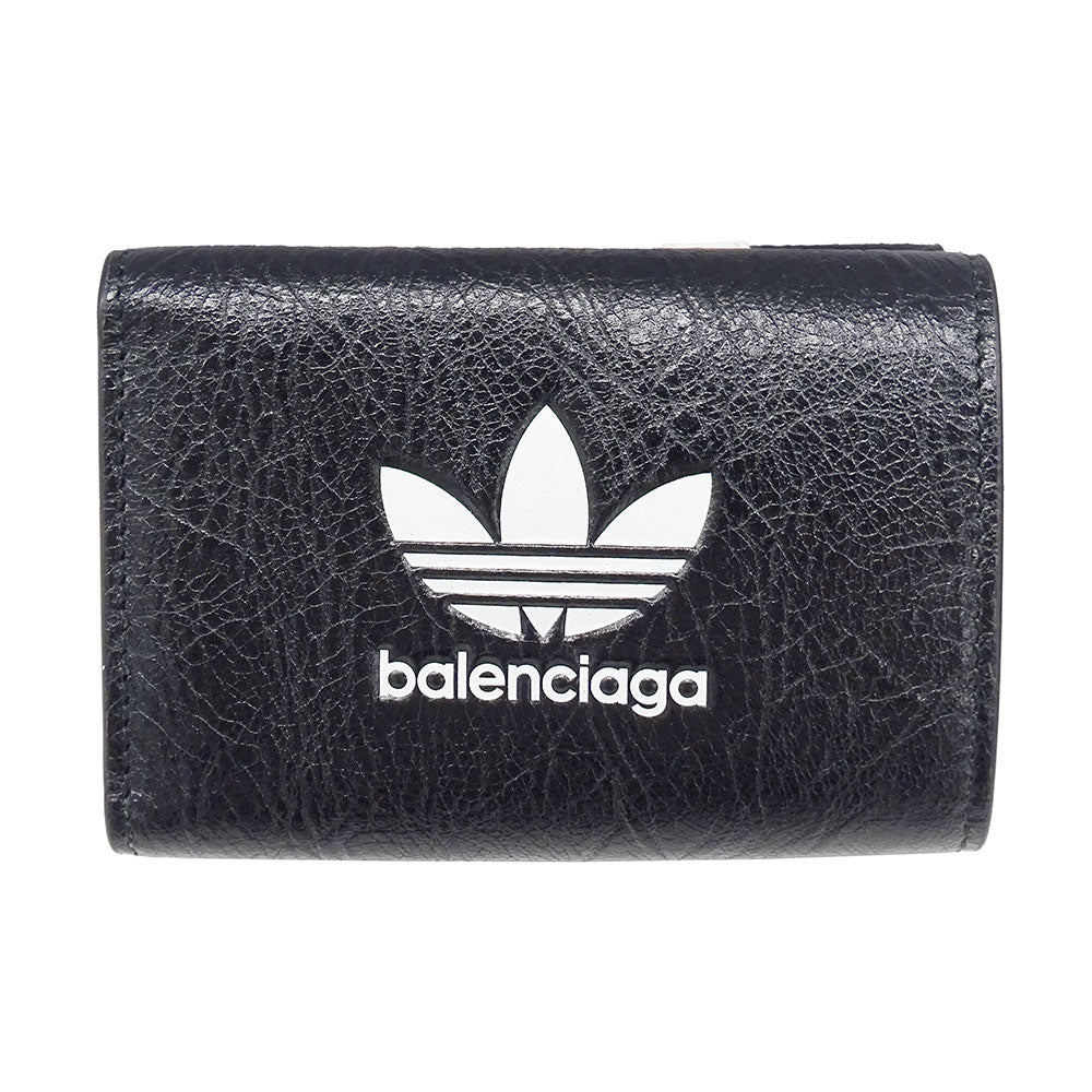 BALENCIAGA バレンシアガ adidas ミニウォレット 三つ折り財布 ブラック 721893 レザー レディース メンズ 【中古】