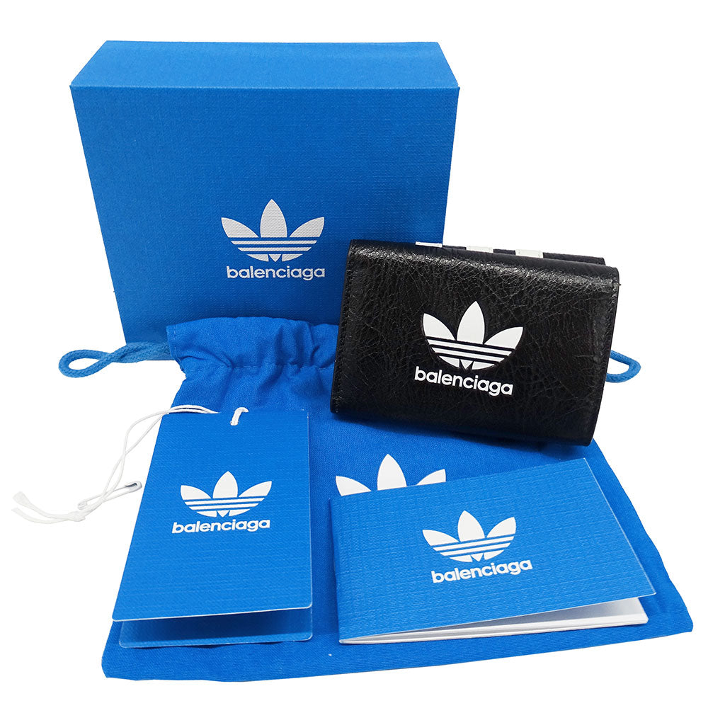 BALENCIAGA バレンシアガ adidas ミニウォレット 三つ折り財布 ブラック 721893 レザー レディース メンズ 【中古】